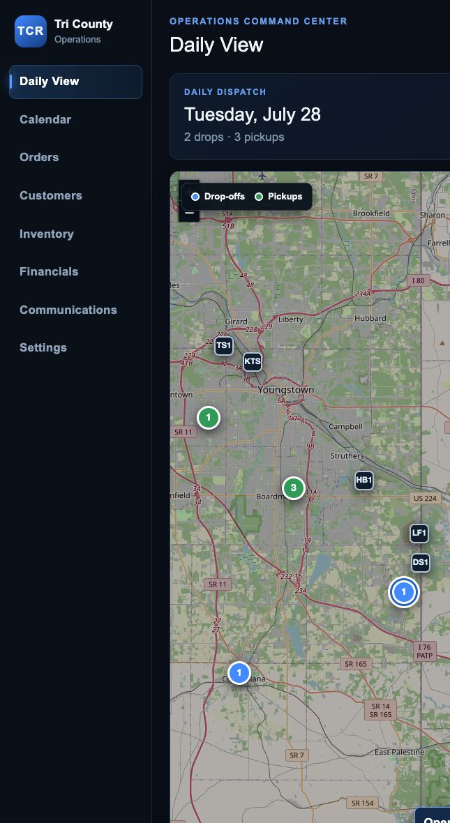 Live Avaylis dispatch map with numbered delivery, pickup, and business-location markers